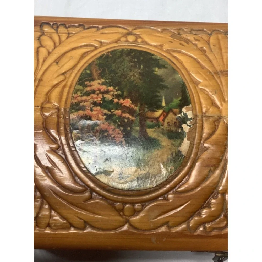 Vintage Carved Cedar Chest Wood Jewelry Box 11 x 6 
